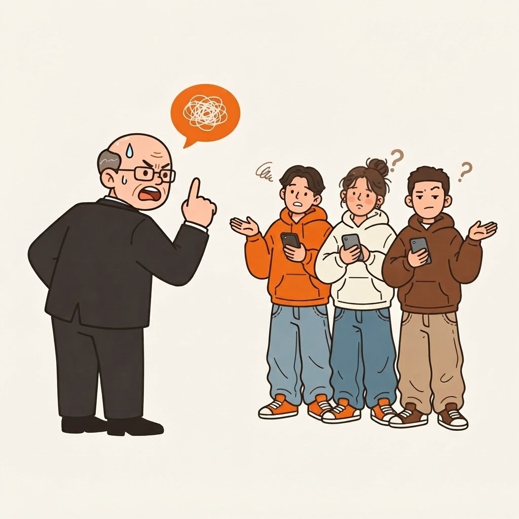 Boomer boss pointing at three confused Gen Z kids